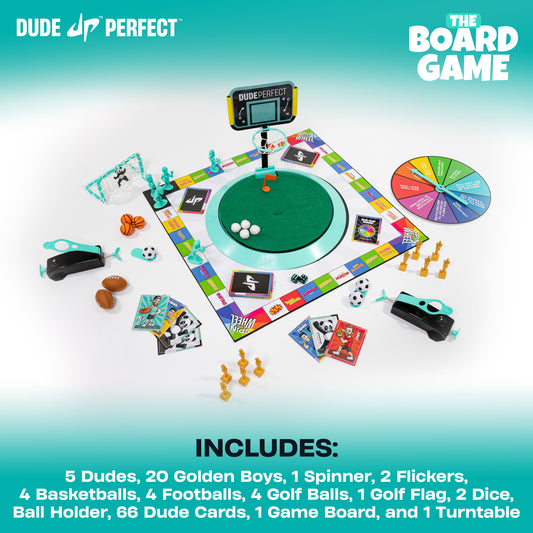 Cover of 'Dude Perfect The Board Game' with cartoon characters and colorful design.