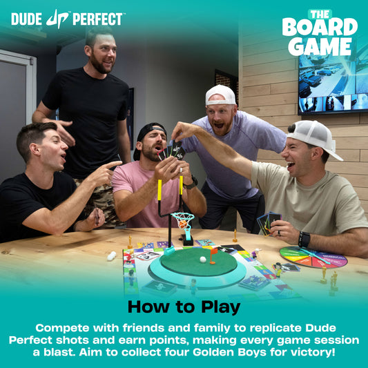 Cover of 'Dude Perfect The Board Game' with cartoon characters and colorful design.