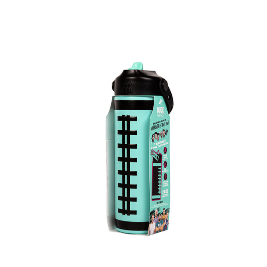 Teal water bottle with black cap on a white background