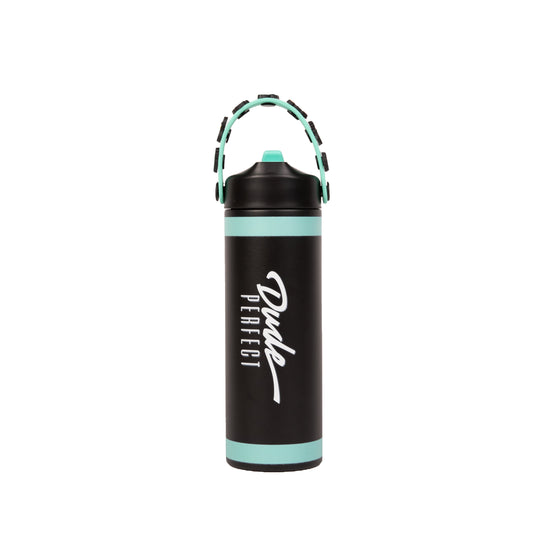 Black water bottle with teal accents and 'Dude Perfect' branding on a white background