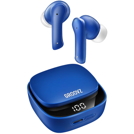 Blue wireless earbuds with charging case on a white background, featuring the brand 'GROOVZ'.