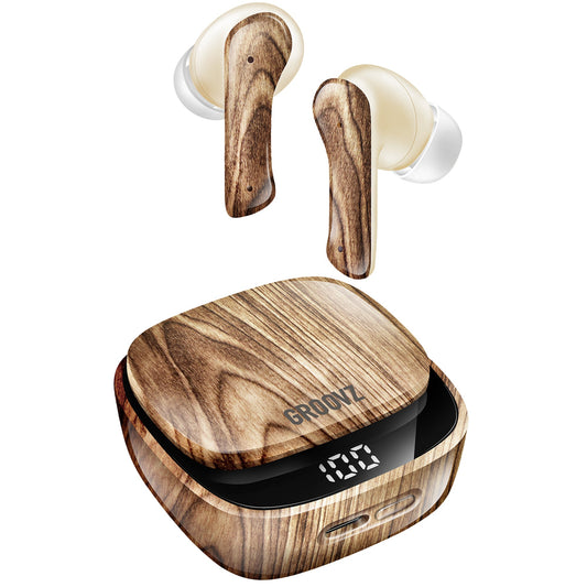Wooden wireless earbuds with charging case on a white background