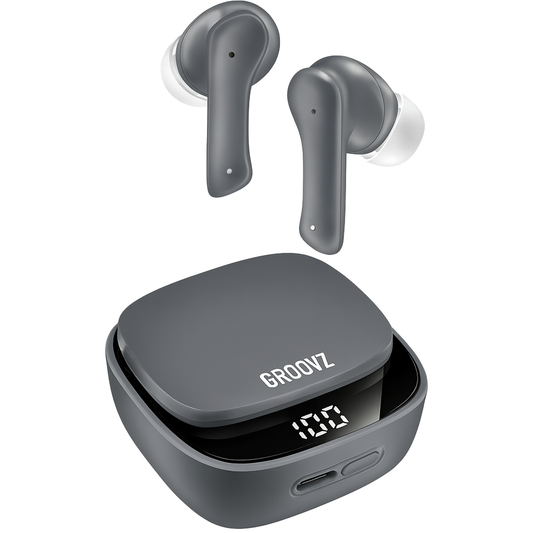 Gray wireless earbuds with charging case on a white background, featuring the brand 'GROOVZ'.