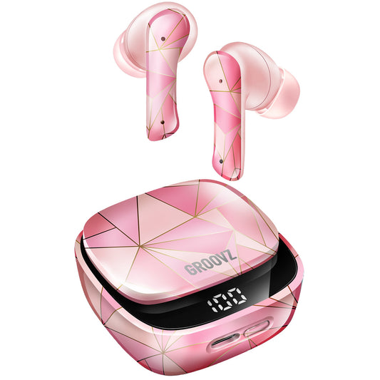 Pink wireless earbuds with a matching charging case on a white background