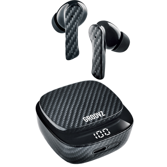Black wireless earbuds with carbon fiber texture and a matching case on a white background, featuring the brand 'GROOVZ'.