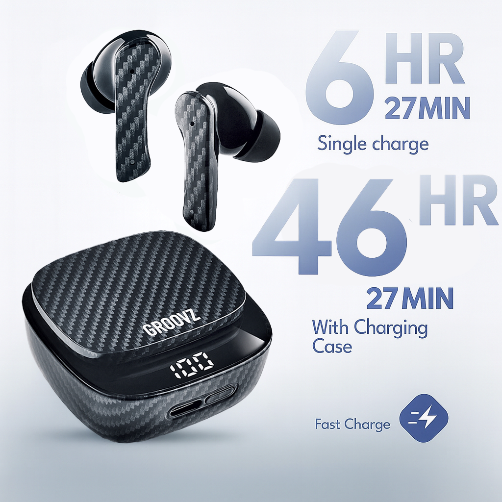 Black wireless earbuds with charging case and charging time details on a light gray background