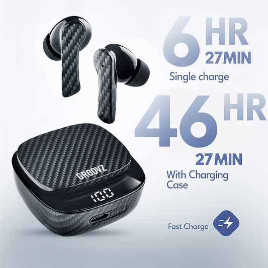 White wireless earbuds with charging case on a white background