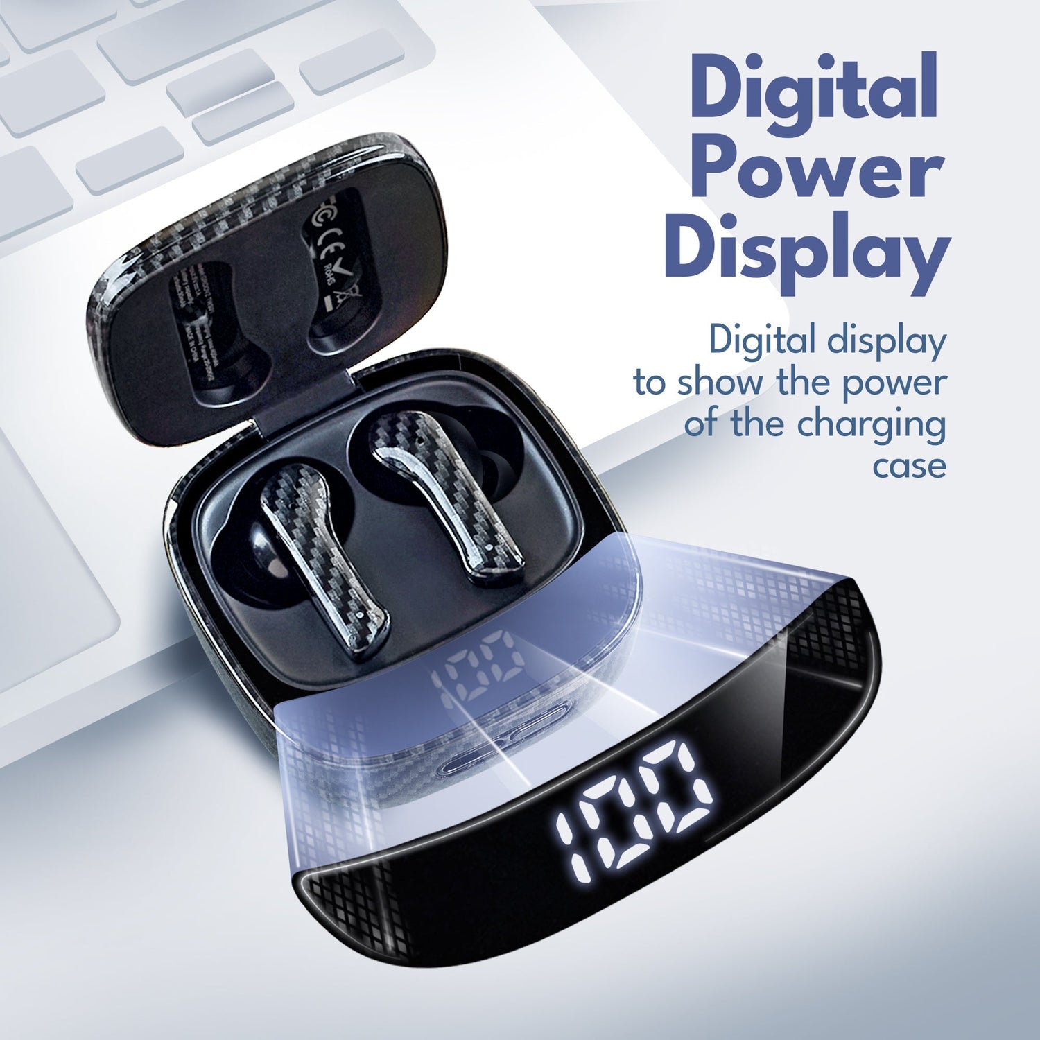 Charging case with digital power display and wireless earbuds on a light gray background