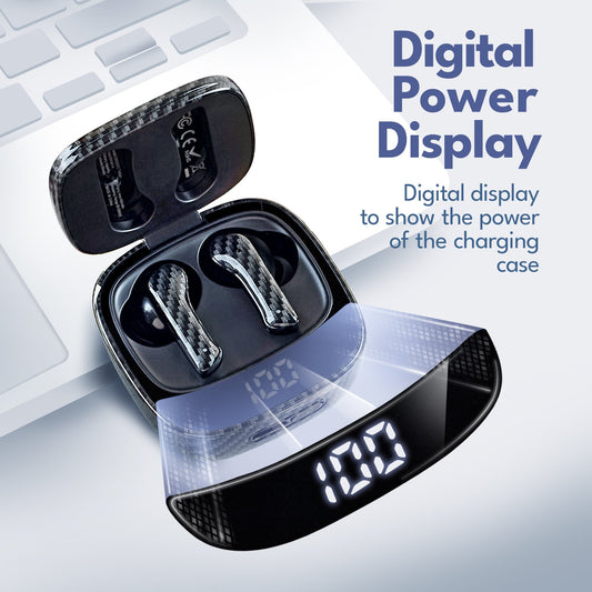 White wireless earbuds with charging case on a white background