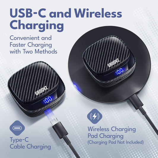 White wireless earbuds with charging case on a white background