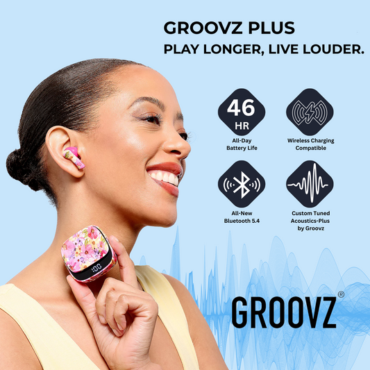 White wireless earbuds with charging case on a white background