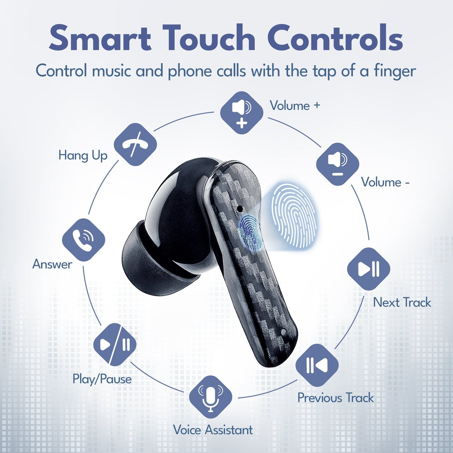 Wireless earbud with touch controls for music and phone calls on a light blue background