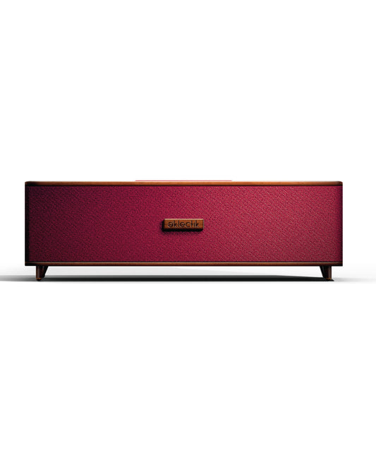 Red rectangular speaker with a brand logo on a white background