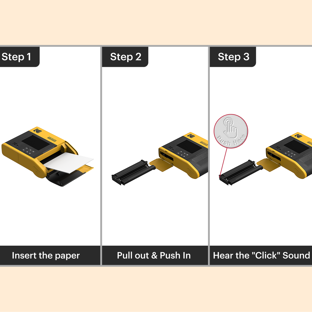 Step-by-step guide on using a yellow and black device with text labels on a beige background
