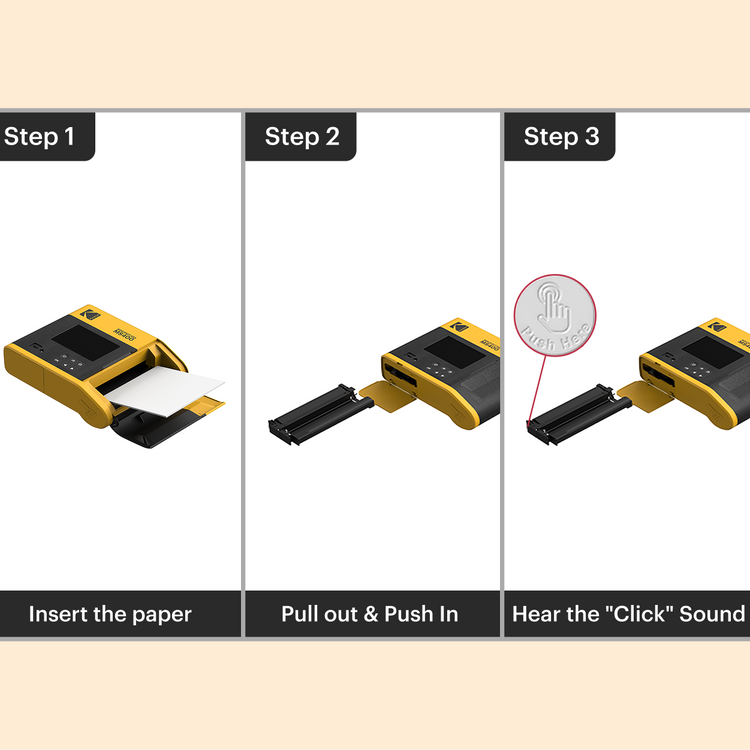 Step-by-step guide on using a yellow and black device with text labels on a beige background
