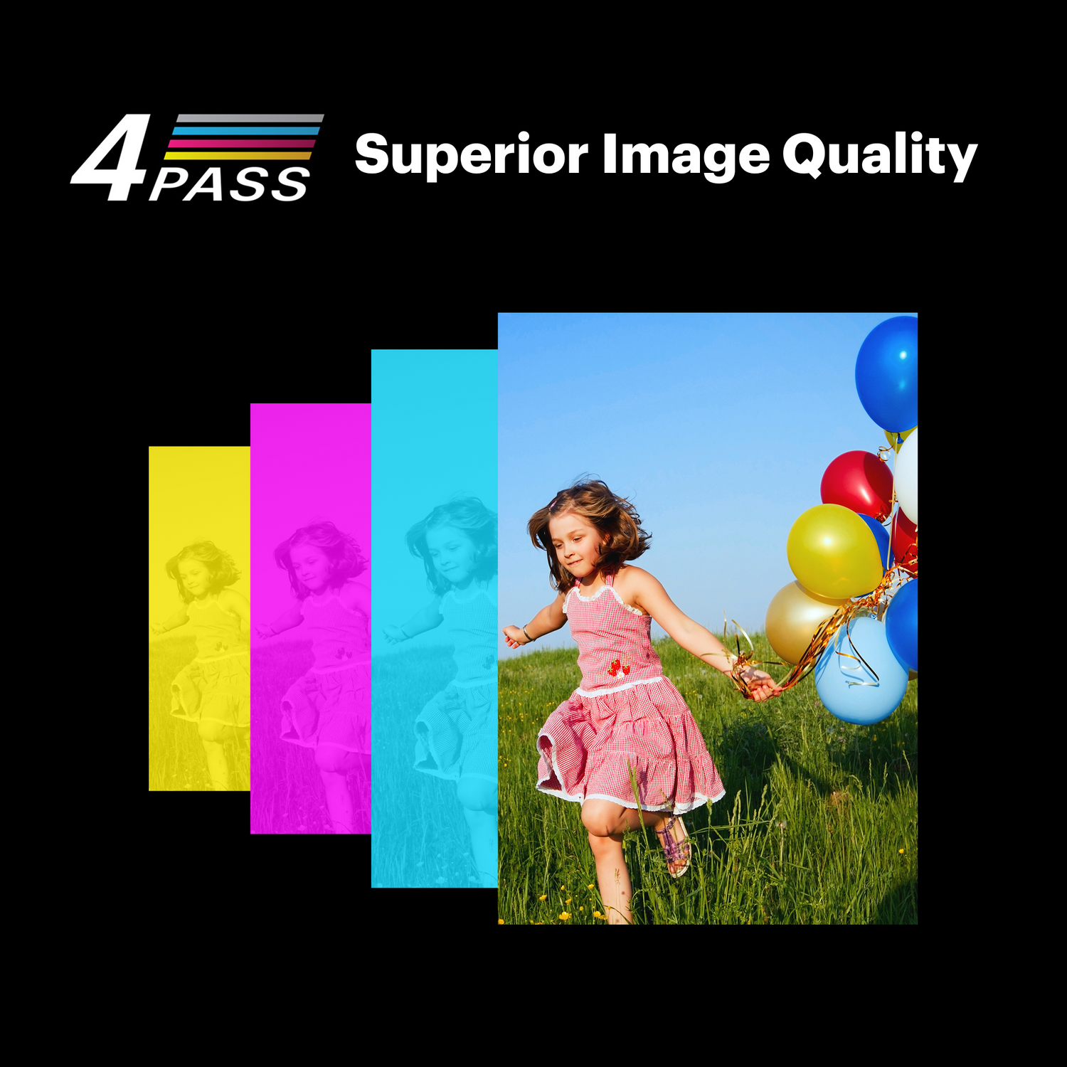 Promotional image of a girl with balloons featuring 4Pass logo and text 'Superior Image Quality'.