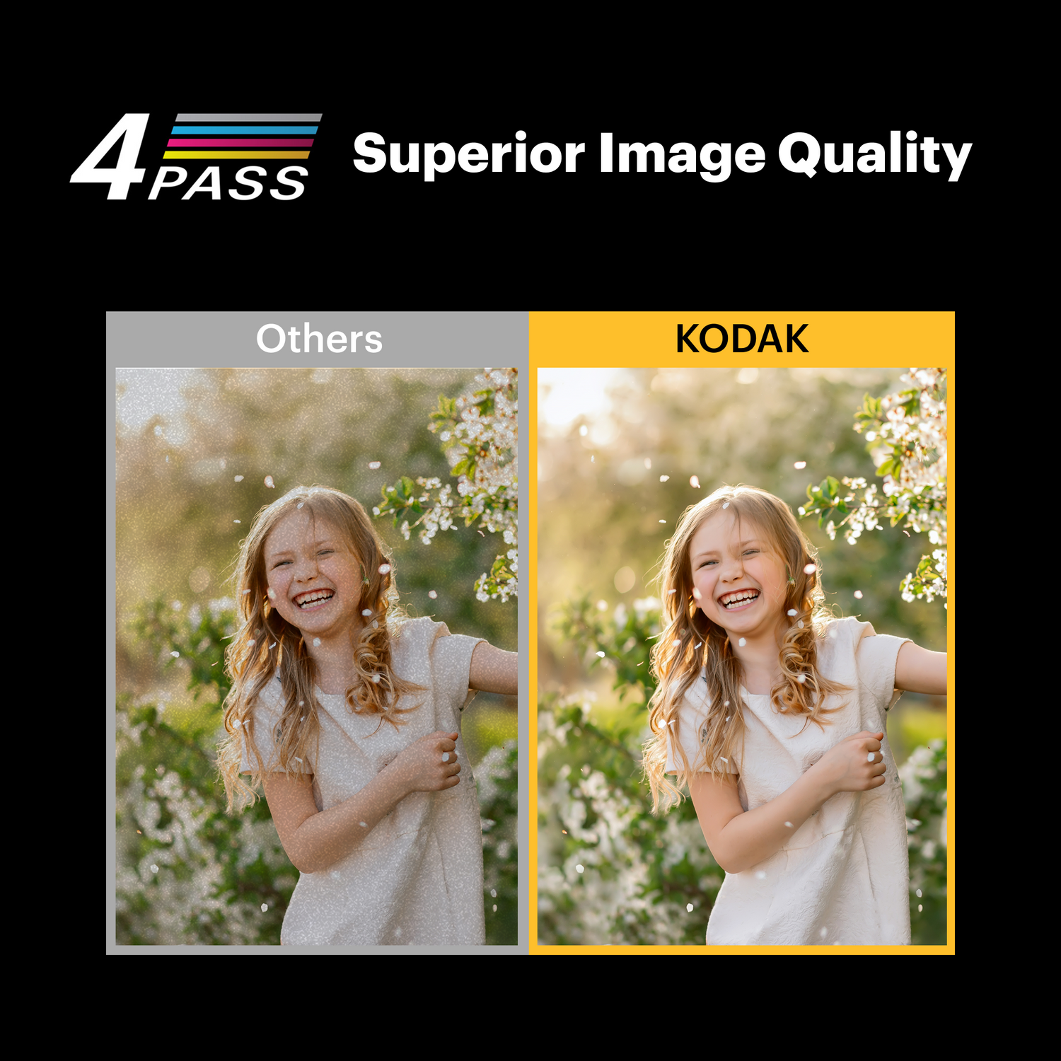 Comparison of image quality between 'Others' and 'Kodak' with a girl in a floral field.