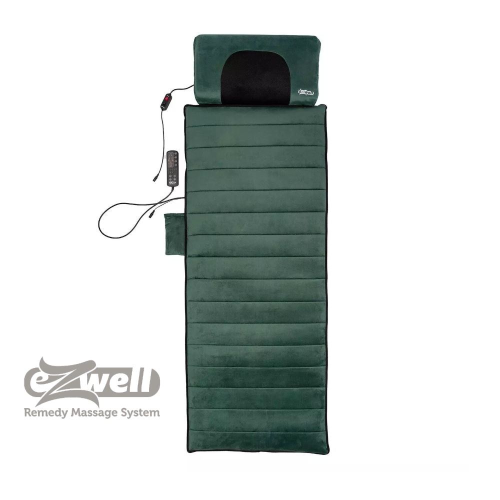 Green massage mat with control panel on a white background, featuring the eZwell brand.