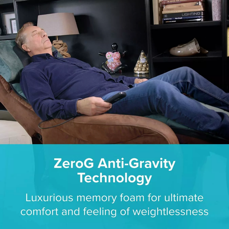 Man relaxing in a ZeroG Anti-Gravity chair with promotional text about memory foam comfort.