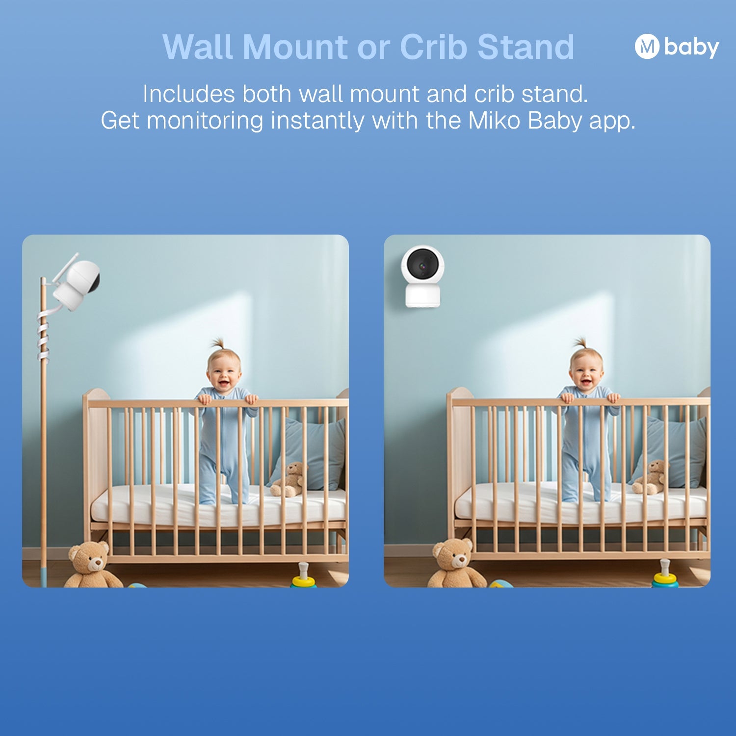 Baby monitor with wall mount and crib stand, featuring Miko Baby app on a blue background.