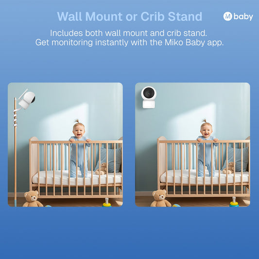 Baby monitor with a baby in a crib and text about soothing lullabies.