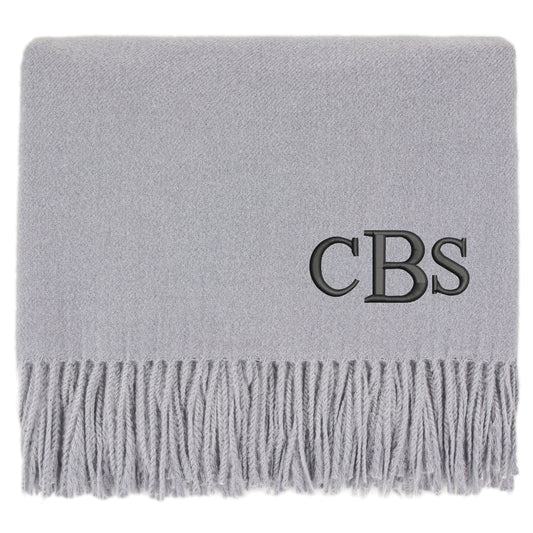 SPECIAL OFFER Grey Faux Cashmere throw with 3 letter embroidered monogram