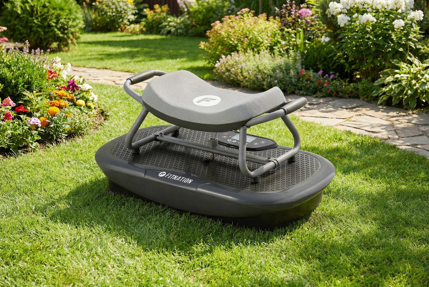 Garden aerator on grass with flowers and plants in the background