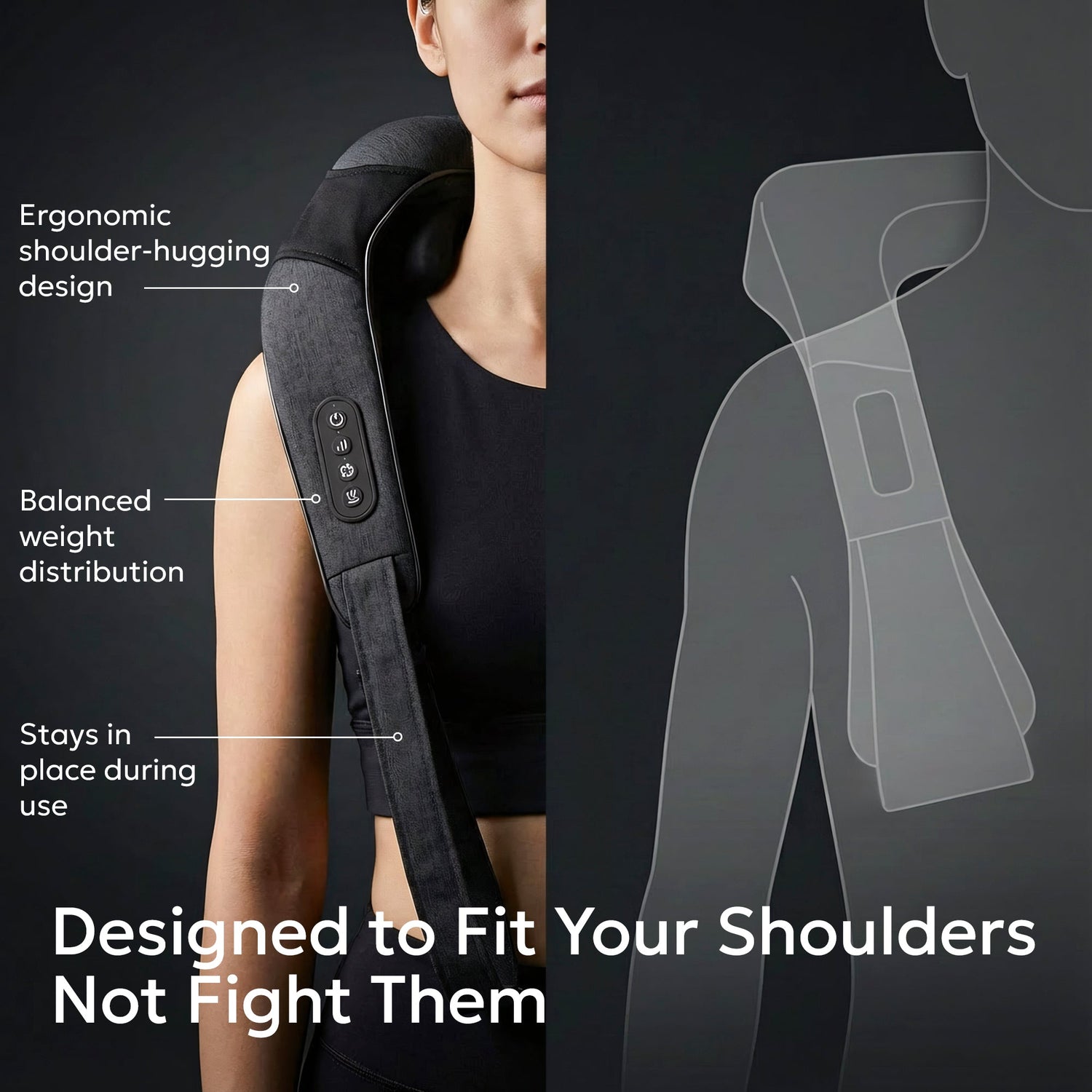 Neck and shoulder massager with text highlighting features on a dark background