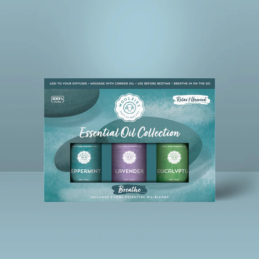 Woolzies Essential Oil Collection packaging on a light blue background