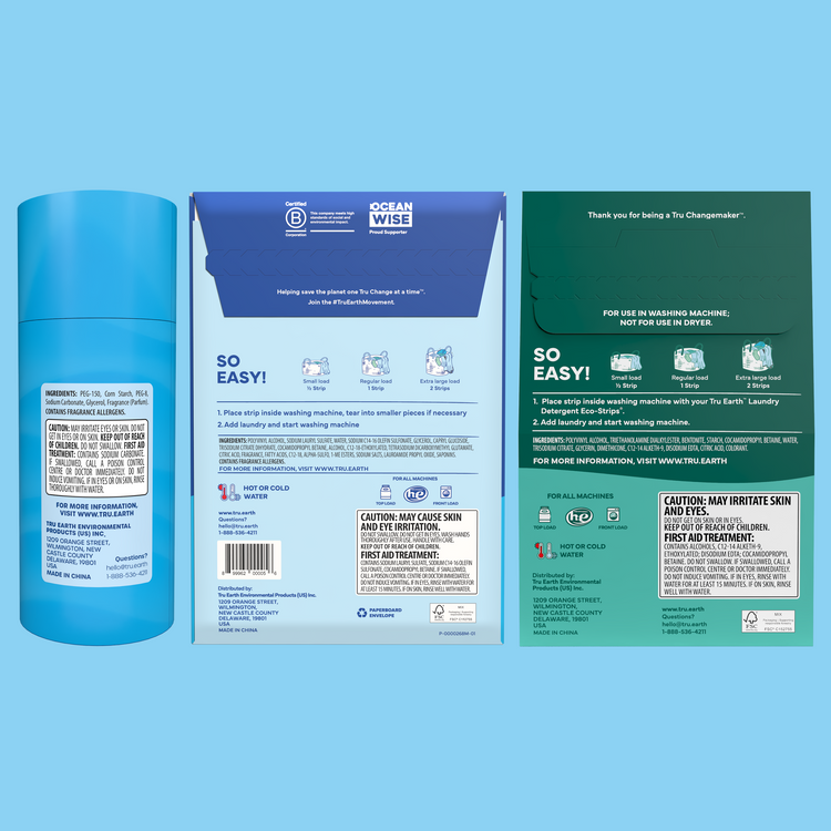 Three product packaging items on a blue background