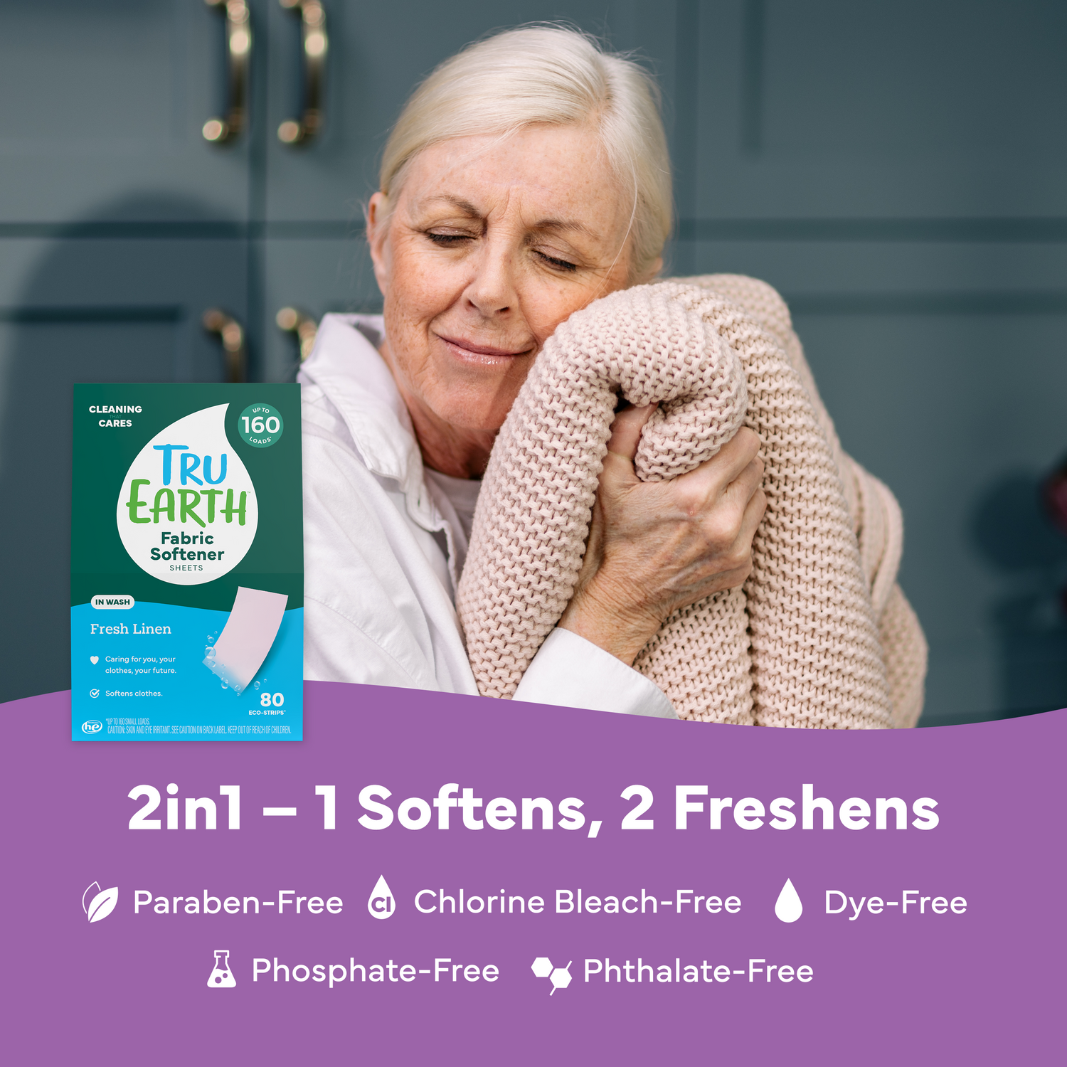 Woman holding a blanket with Tru Earth fabric softener packaging displayed.