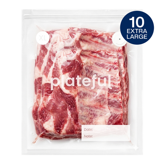 Packaged avocados in a clear plastic bag with 'plateful' branding on a white background.