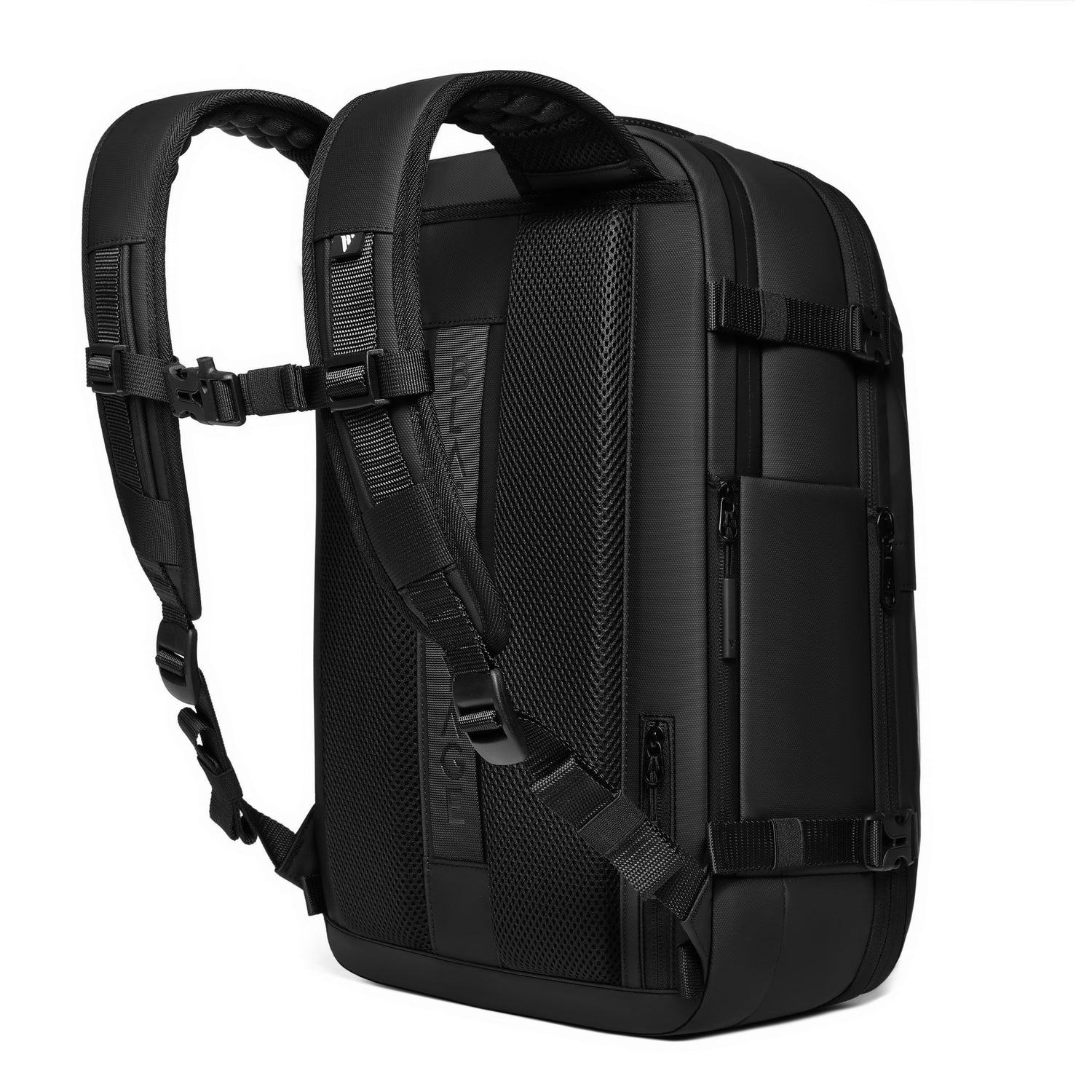 Black backpack with visible brand logo on a white background