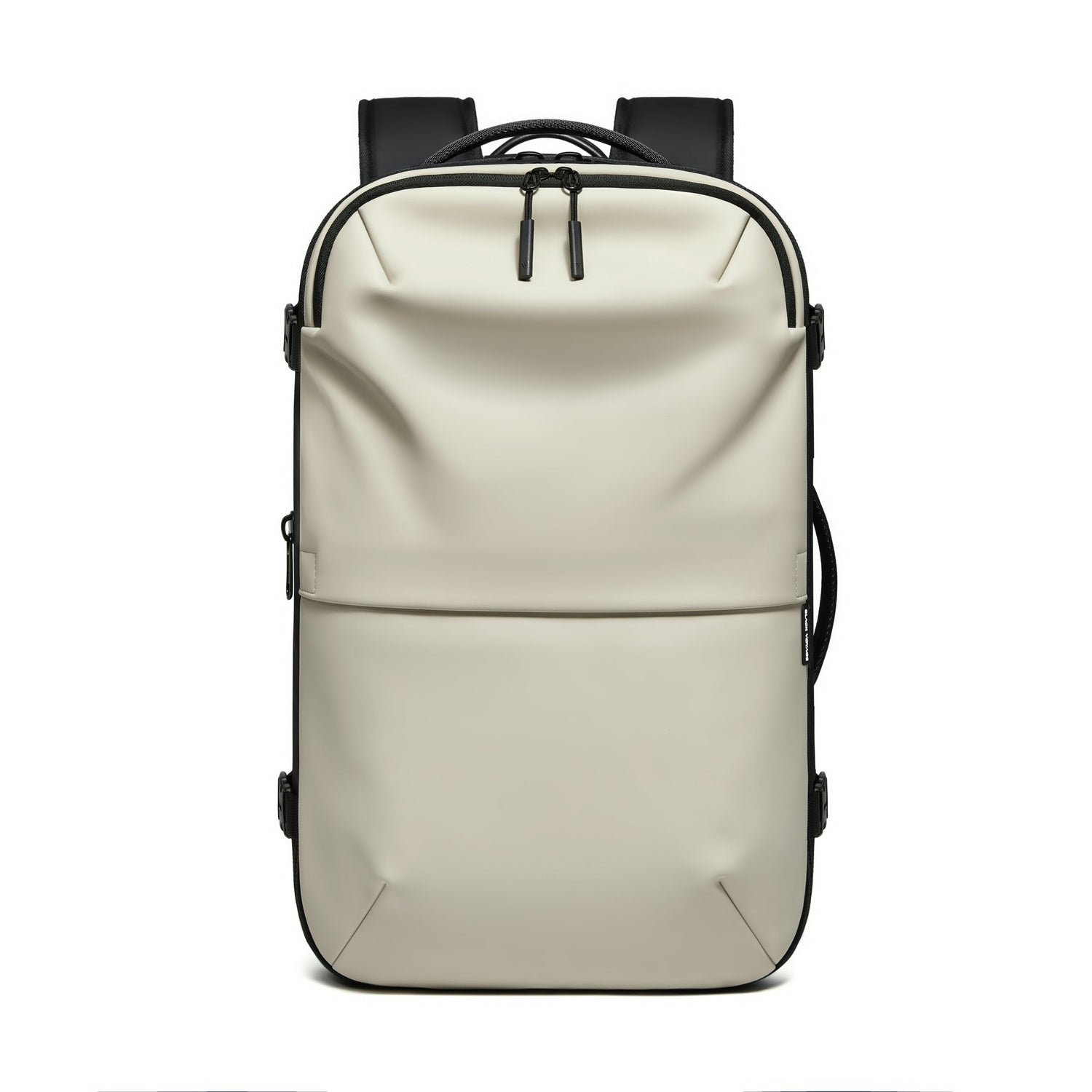 Beige backpack with black accents on a white background
