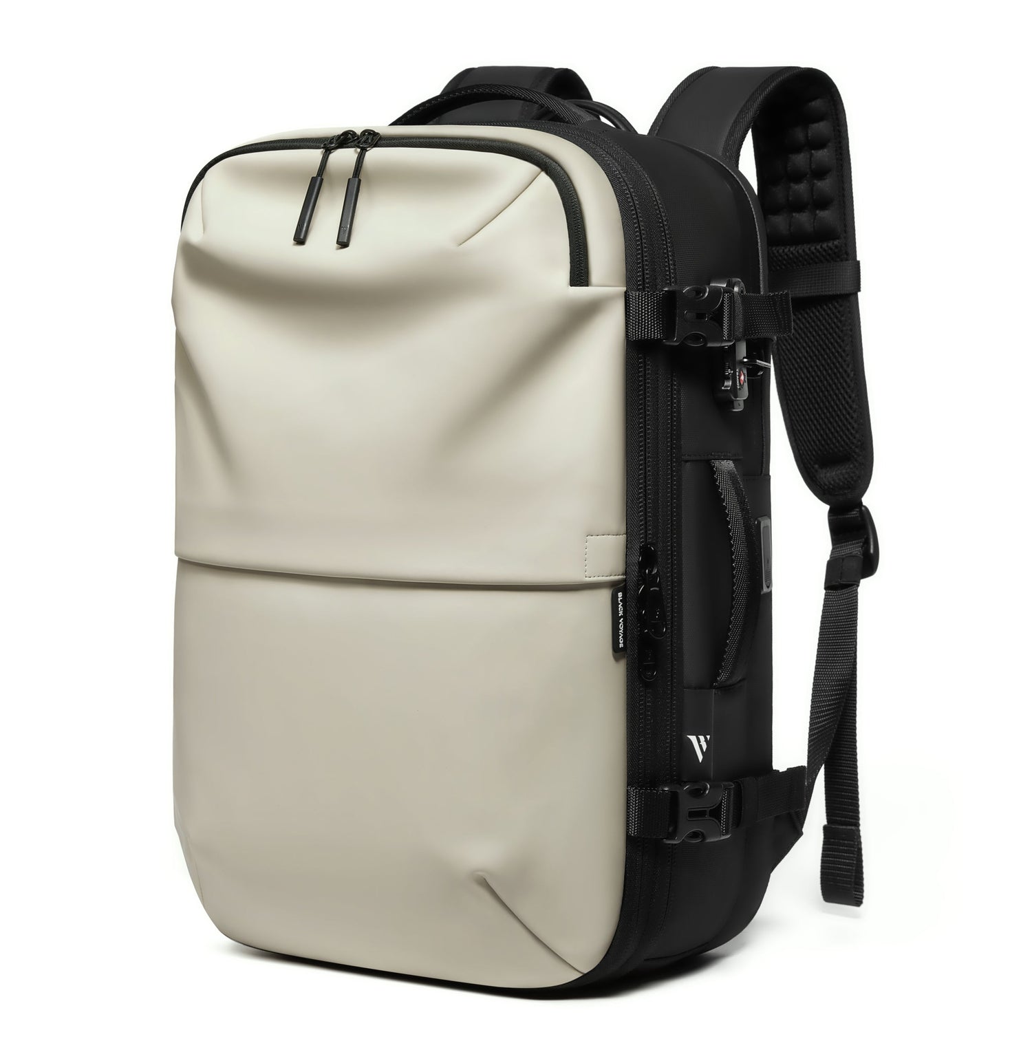 Beige backpack with black straps on a white background