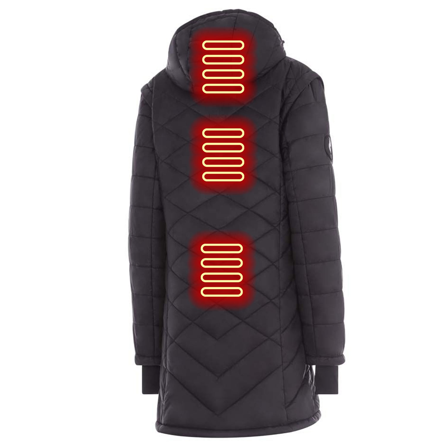 Black quilted jacket with heated back panels on a white background