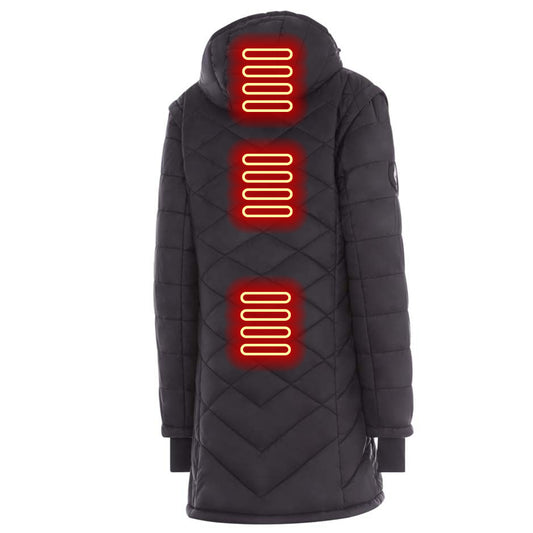 Black quilted jacket with a brand logo on a white background