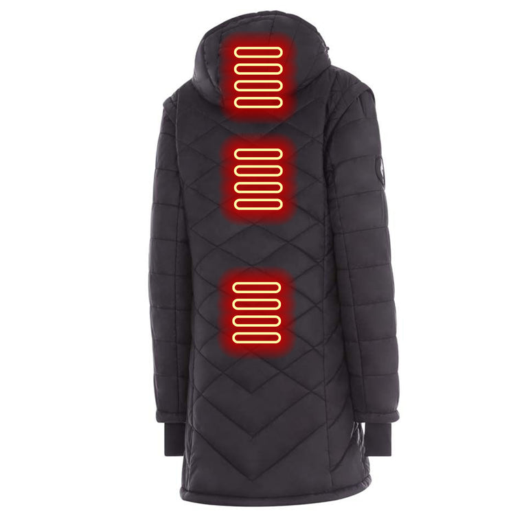 Black quilted jacket with heated back panels on a white background