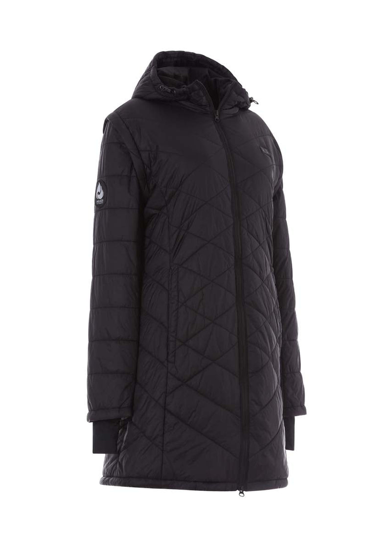 Black quilted jacket with a brand logo on a white background