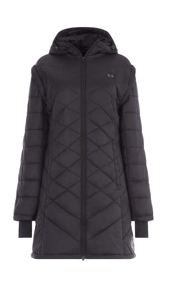 Black quilted jacket with a hood on a white background