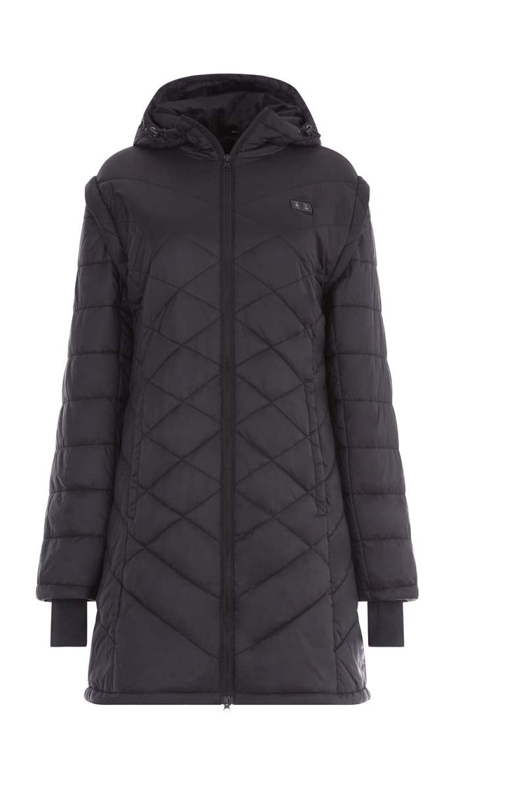 Black quilted jacket with a hood on a white background