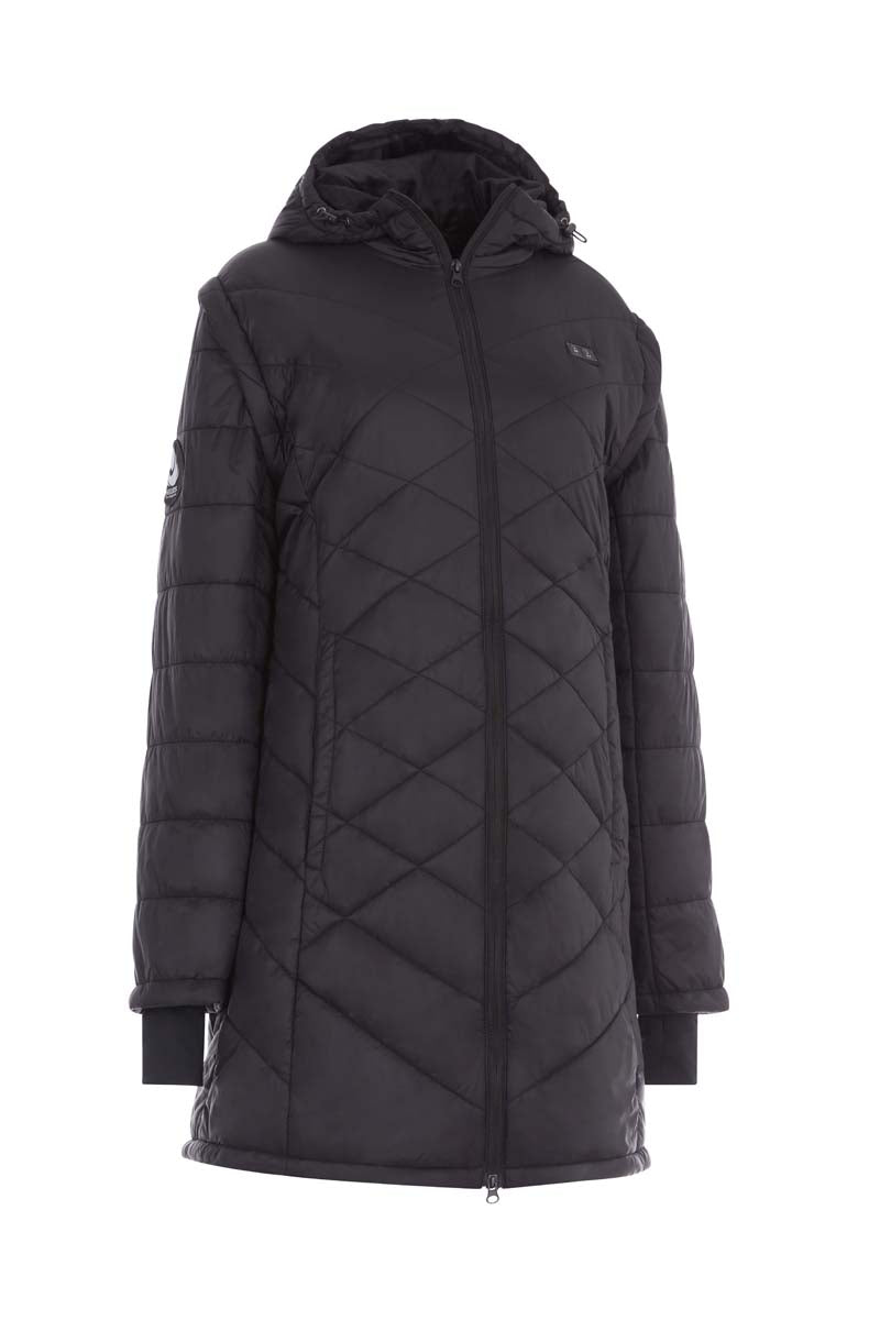 Black quilted jacket with a hood on a white background