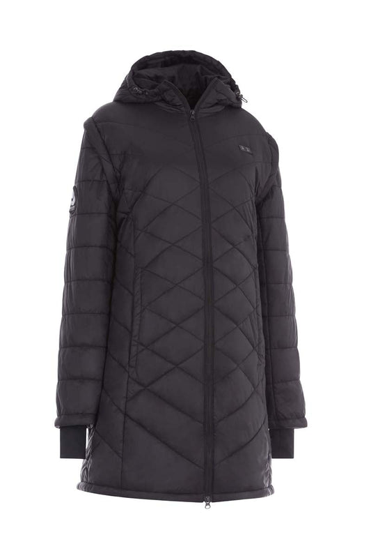 Black quilted jacket with a brand logo on a white background