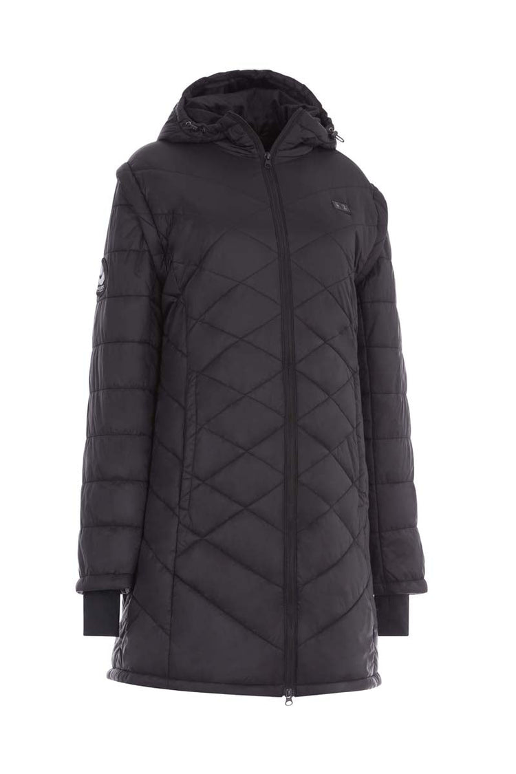 Black quilted jacket with a hood on a white background