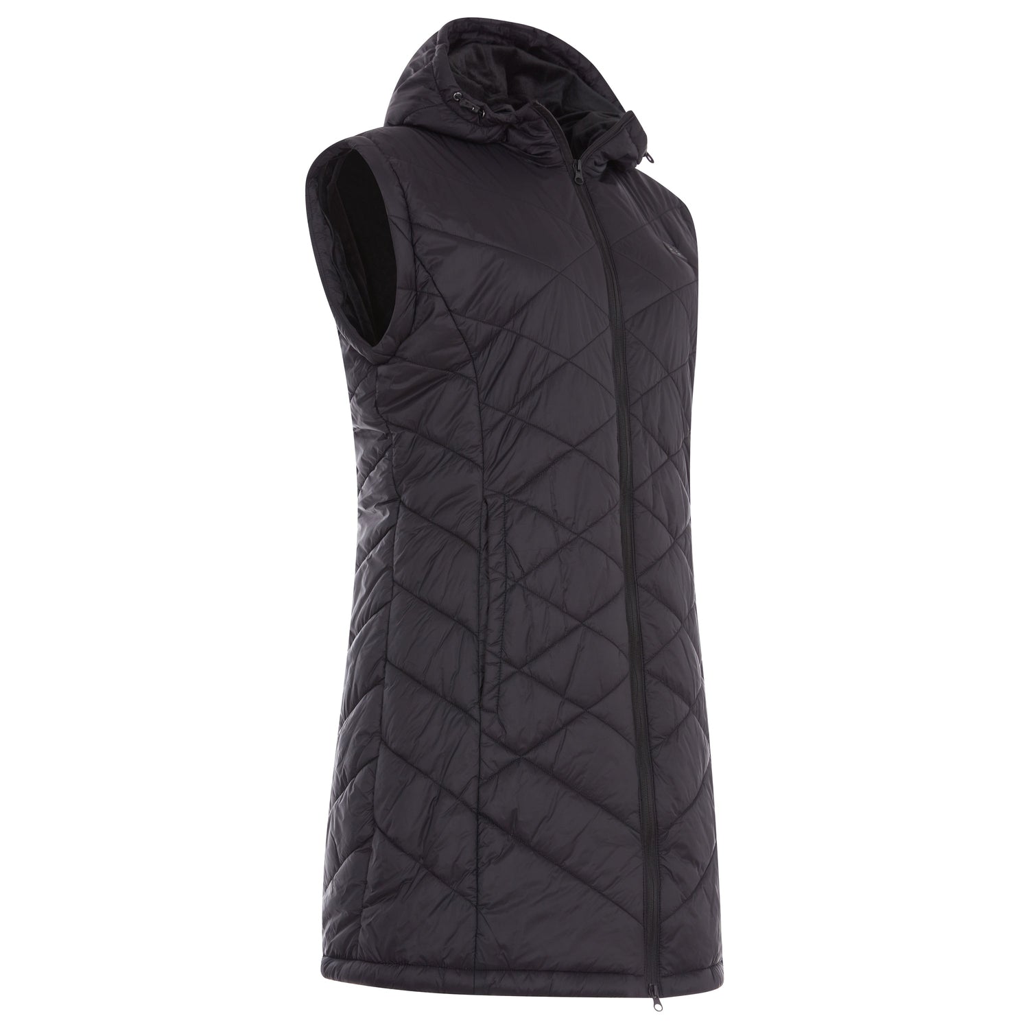 Black quilted vest with a hood on a white background