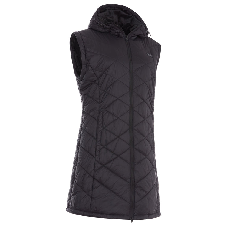 Black quilted vest with a hood on a white background