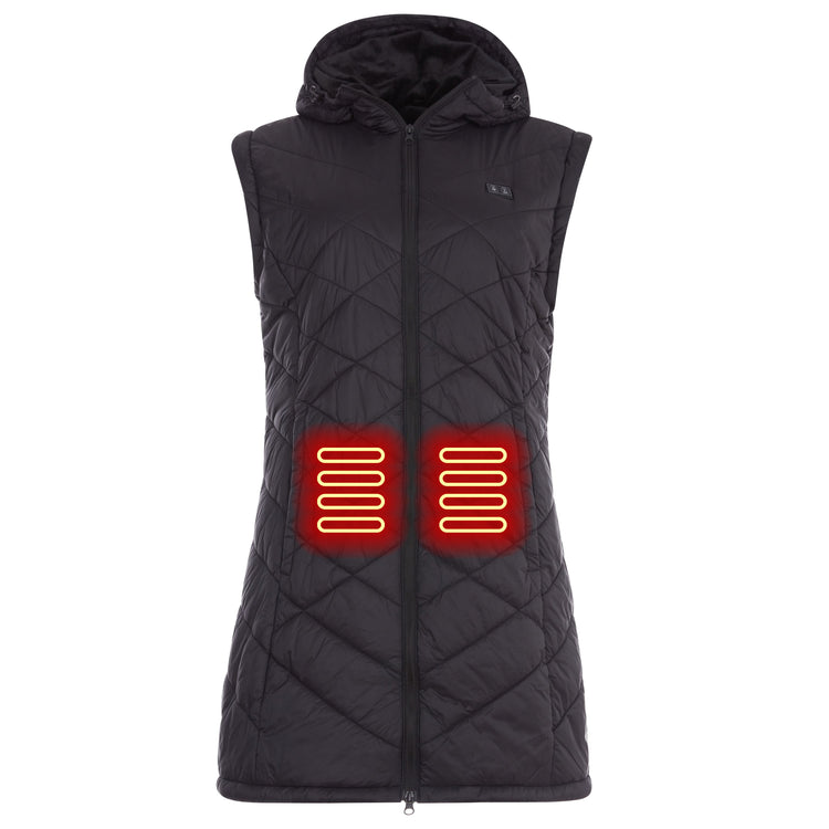 Black heated vest with visible heating elements on a white background