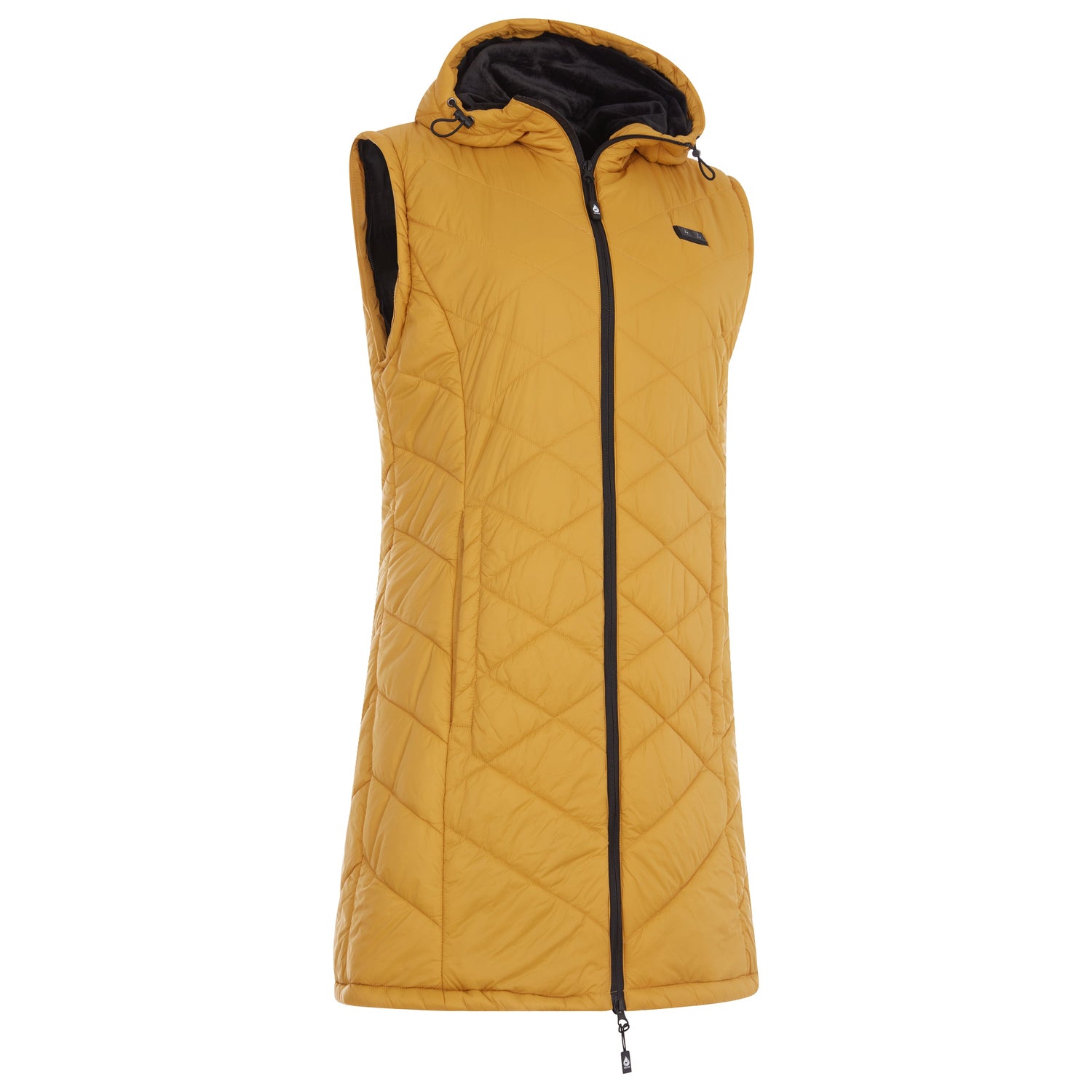 Yellow quilted vest with a hood on a white background