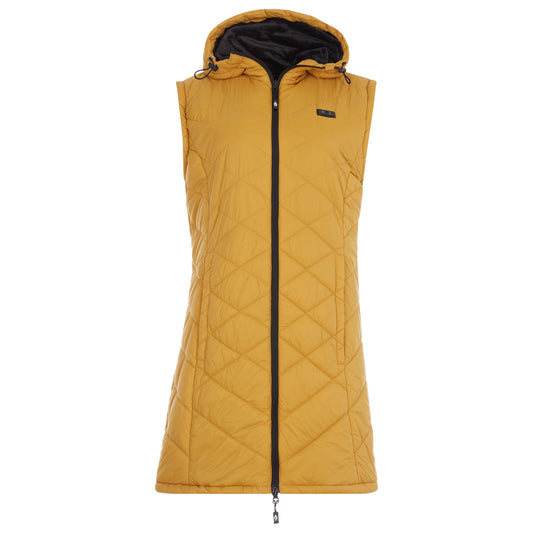 Yellow quilted jacket with black zipper and trim on a white background
