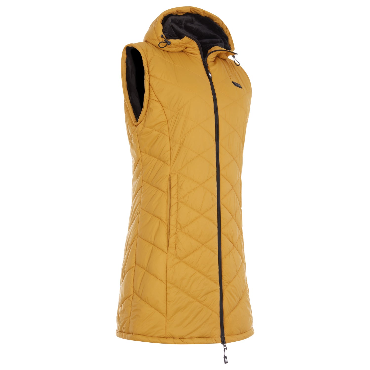 Yellow quilted vest with black zipper and lining on a white background